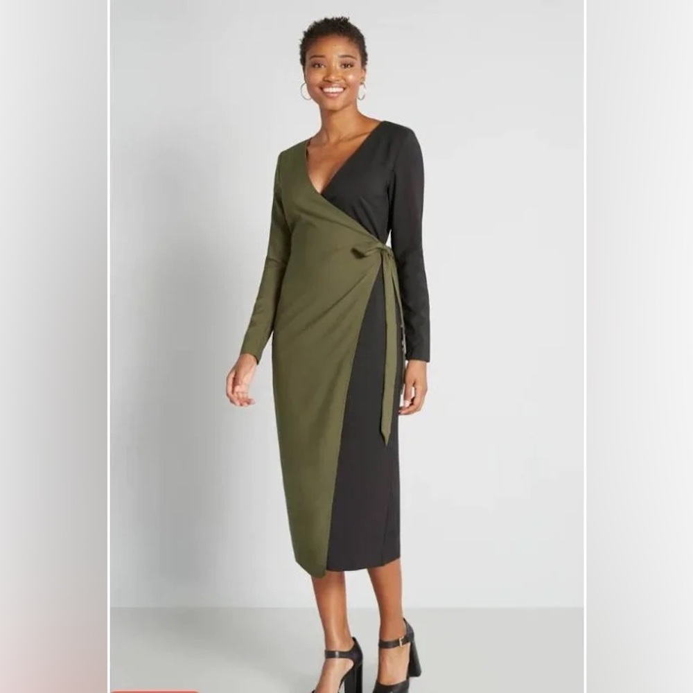 Modern Precision Midi Long Sleeve Wrap Dress Black/Olive, Hutch, NWOT, Plus Size